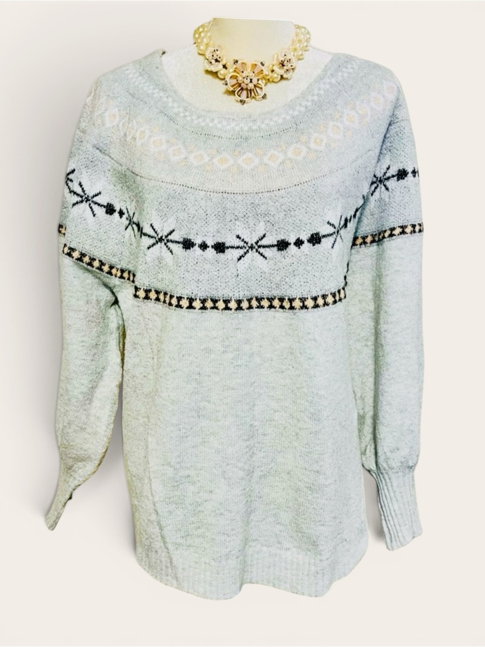 Philosophy Fair Isle Sweater 1X Gray Cream Knit Pullover Winter Nordic Cozy